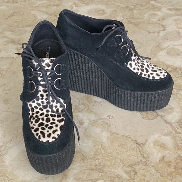 UNDERGROUND Black Leather & Leopard Bovine Fur Platform Wedge Creepers - Picture 4 of 15